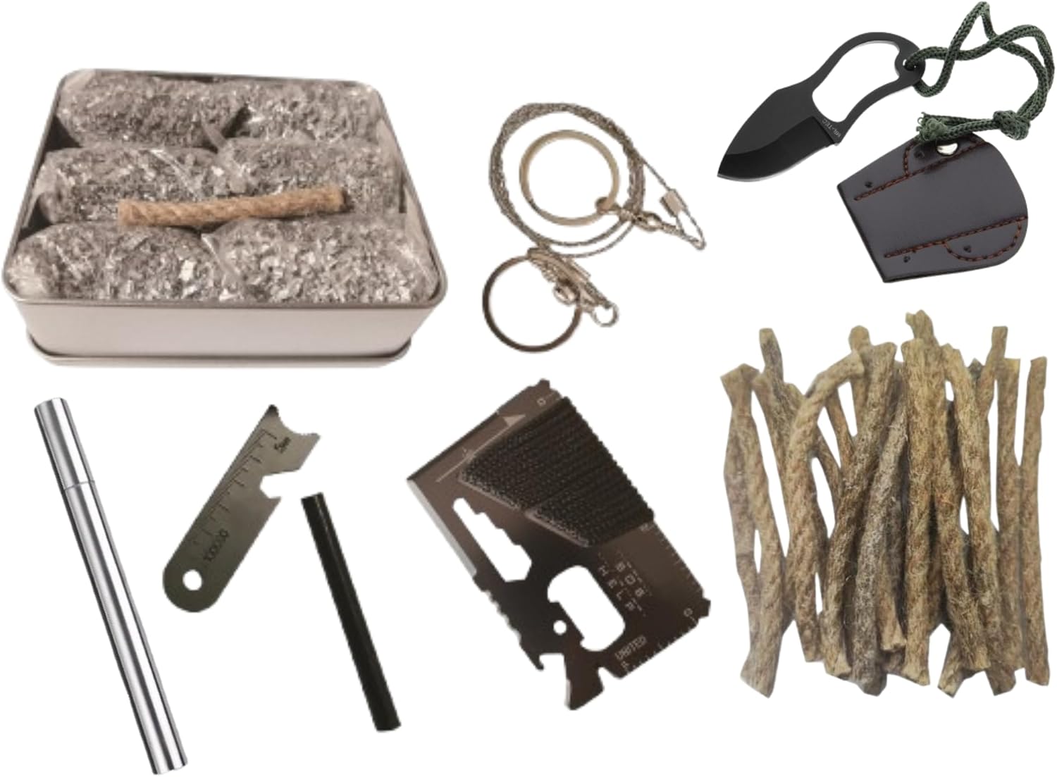 Magnesium Fire Starter Kit – 6 Bags Magnesium Shavings + 3.15" Ferro Rod, 20 of 4" Waxed Tinder Cords, 14-in-1 Multi-Tool Card & Wire Saw for Camping, Hiking & Bushcraft