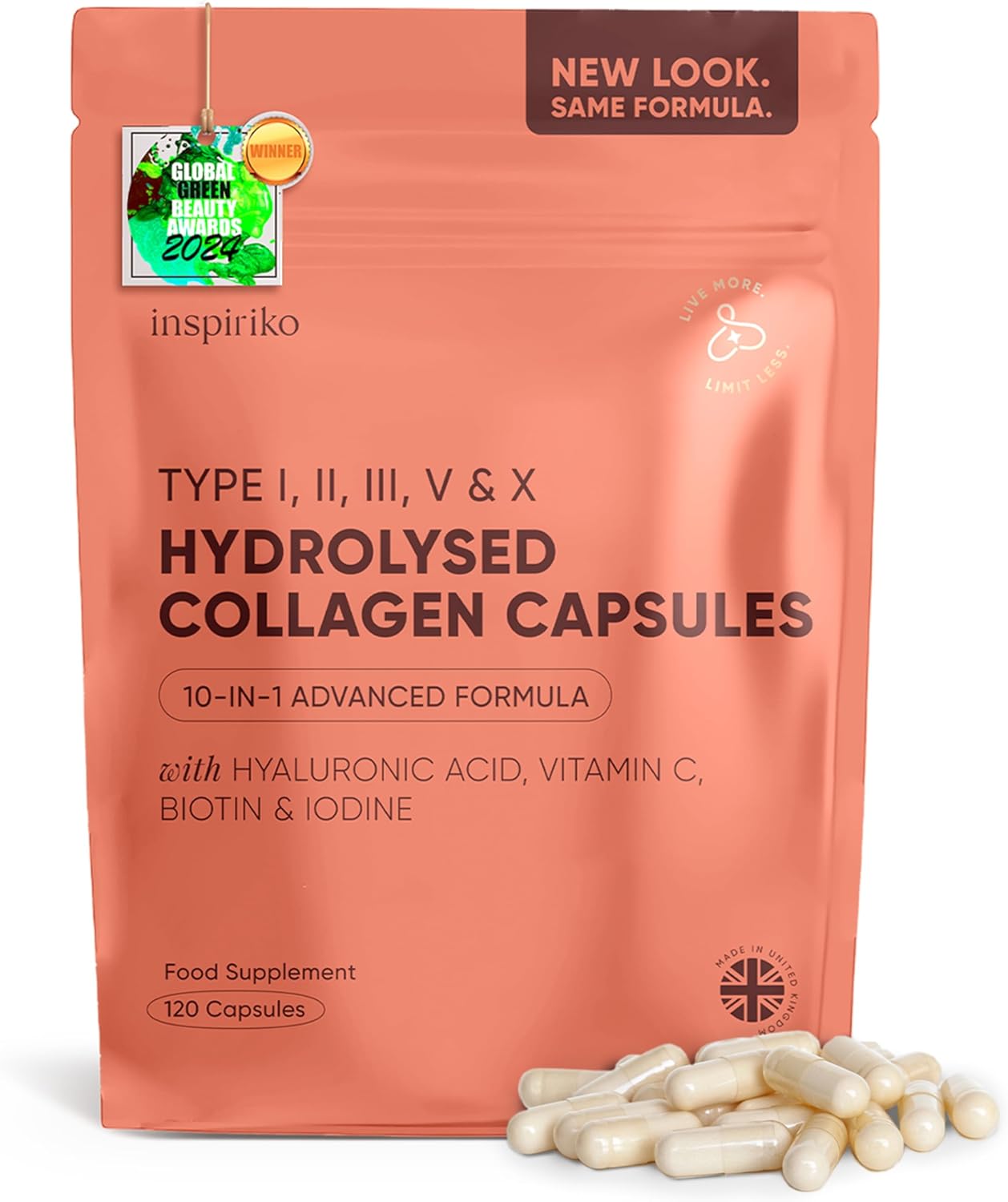 Inspiriko Multi Collagen Supplements for Women - 2000mg Type I, II, III, V & X Hydrolyzed Collagen Peptides - Multi Collagen Capsules with Hyaluronic Acid, Vitamin C, Biotin & Copper. 30 Servings