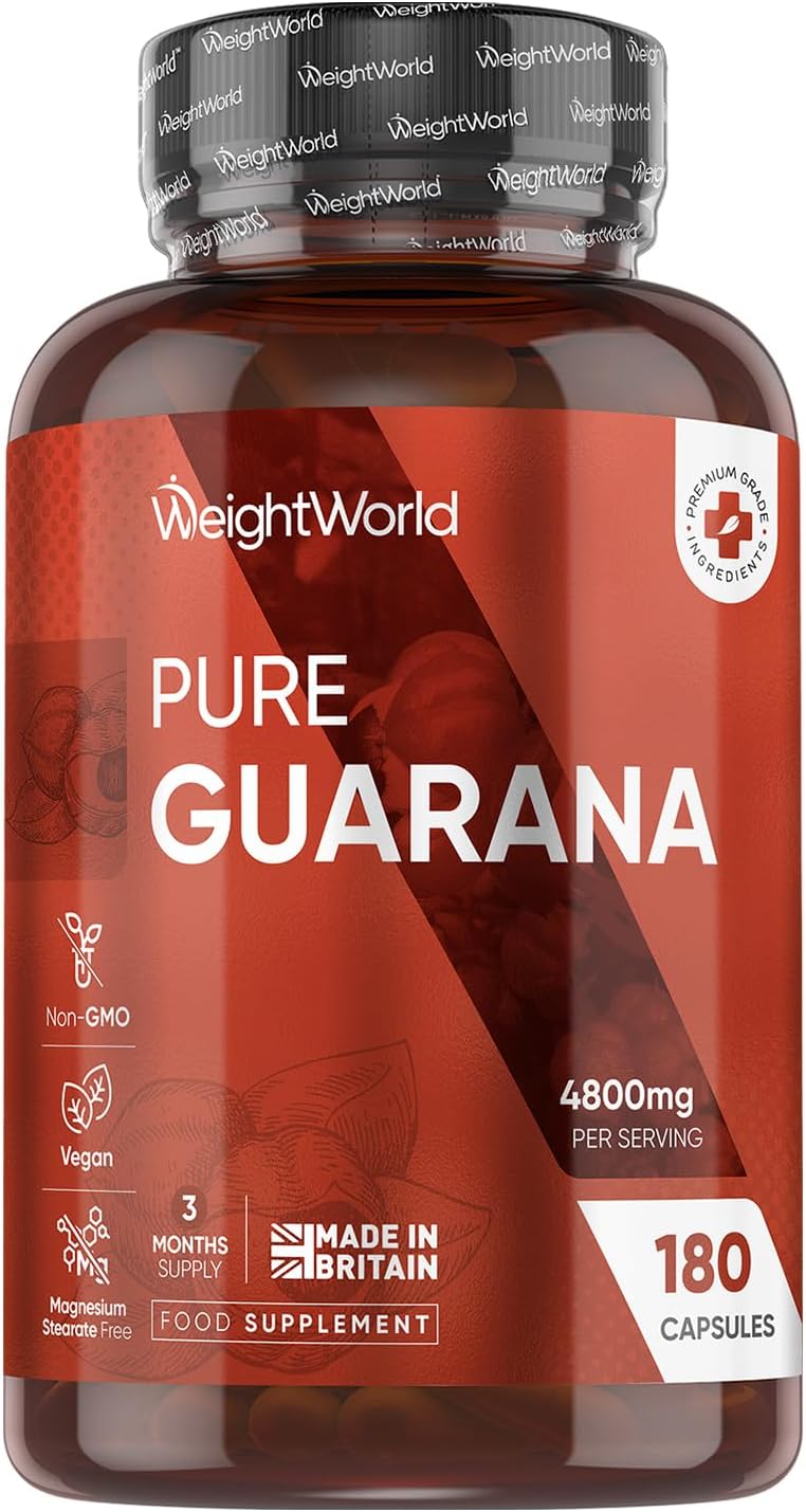 Guarana Capsules 4800mg - Caffeine Pills - 180 Capsules (3 Months Supply) - Rich in Bioactive Compounds - Travel-Friendly, GMP-Approved & Vegan-Friendly Caffeine Supplements - Made in The UK