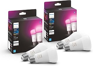 Philips Hue 75W A19 White and Color Ambiance LED Smart Color-Changing Bulb - Pack of 4 - E26 Indoor - Control with Hue App - Compatible with Alexa, Google Assistant, and Apple Homekit
