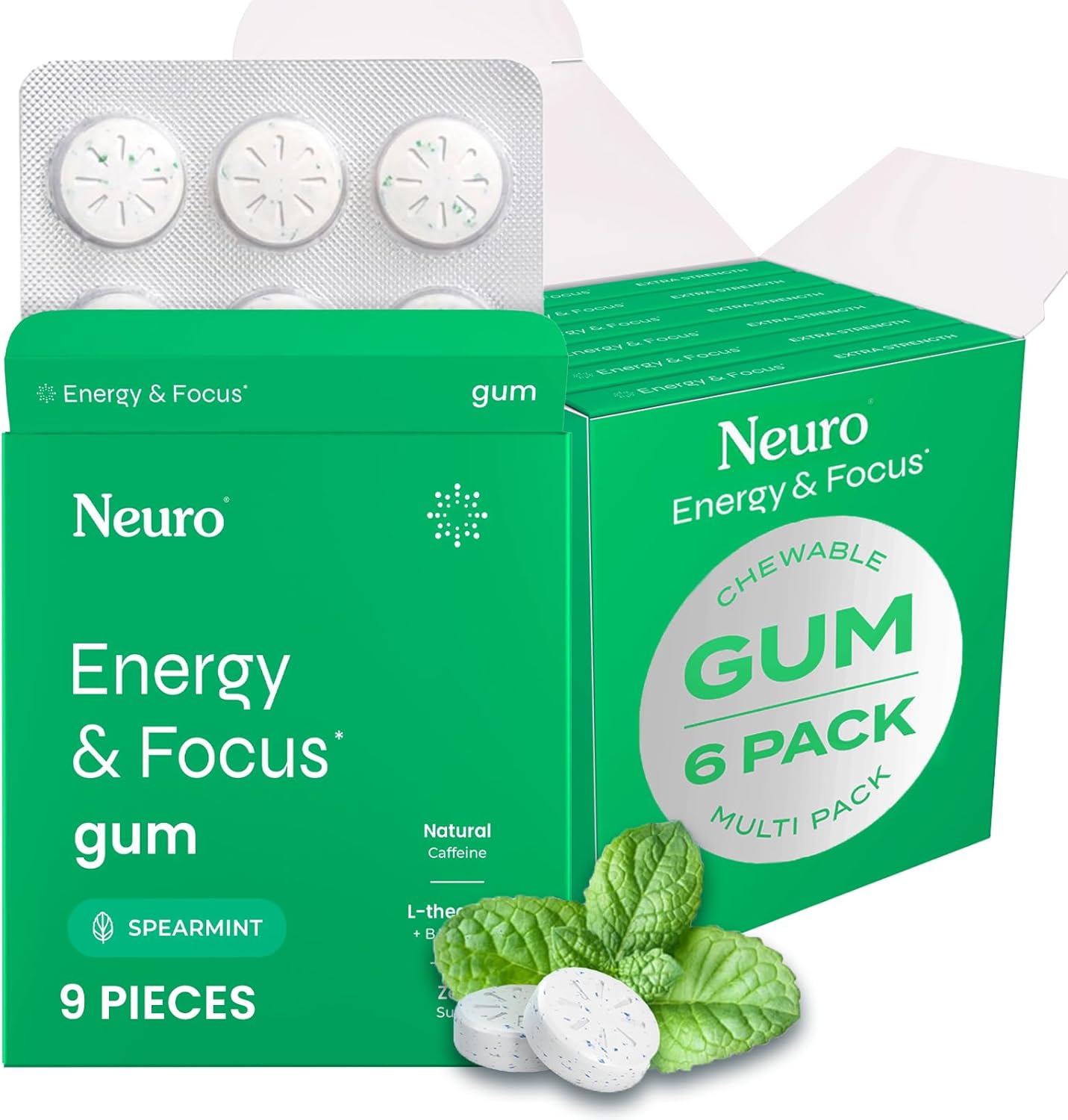 NeuroGum Energy & Focus Gum (54 Count-6 Pack, Spearmint) | 40mg Natural Caffeine + L-Theanine + Vitamin B12 & B6 + Xylitol | Sugar Free Nootropic Cognitive Brain Performance Supplement