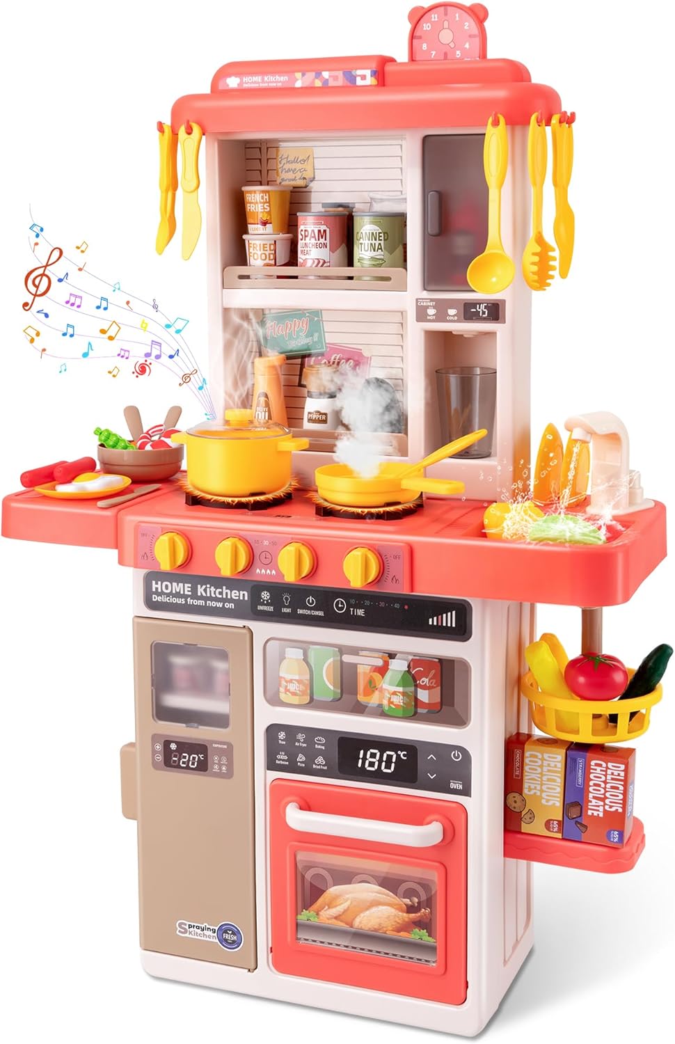 Kids Kitchen Play Set，Interactive Kids Kitchen Play Set with 50Pcs of Pretend Kitchen Toys，Realistic Sound Effects，and Simulated Functionality - Suitable for Toddlers Aged 3-5 Years(Pink)