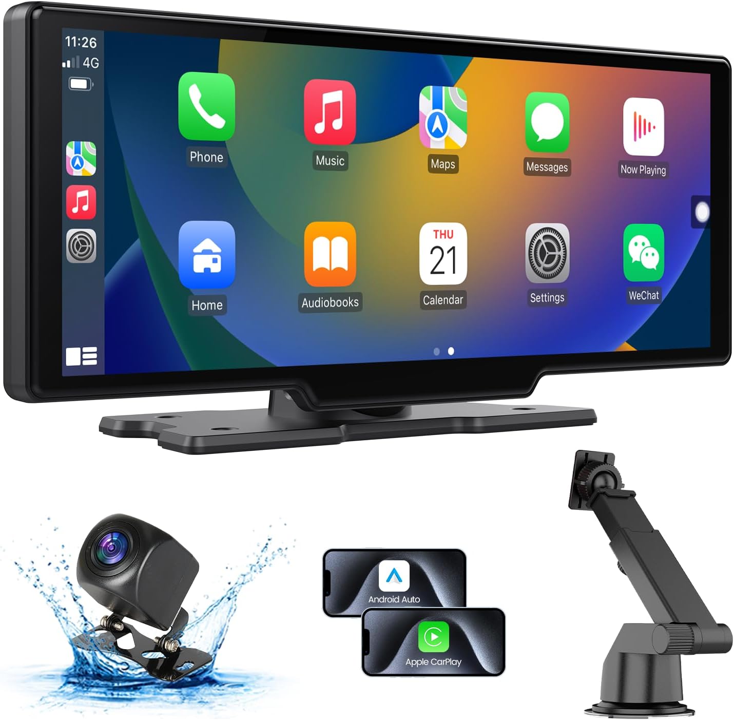 Portable Carplay Screen for Car Stereo, 10.26" HD Touch Screen with Android Auto& Carpaly, 1080p Backup Camera, Car Audio Receiver with Voice Control, Mirror Link, Bluetooth, Navigation