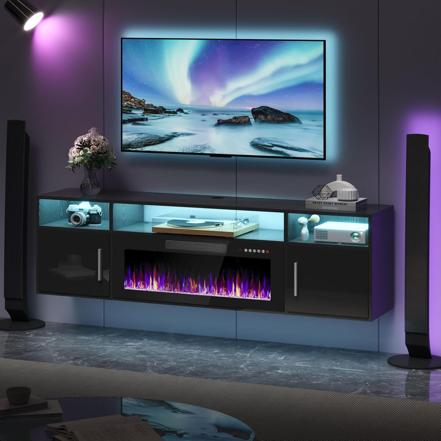 Floating Fireplace TV Stand, 70" Wall Mounted Entertainment Center with 36" Fireplace for TVs Up to 80", LED Modern Wood TV Console with High Gloss Cabinet for Living Room (Black)