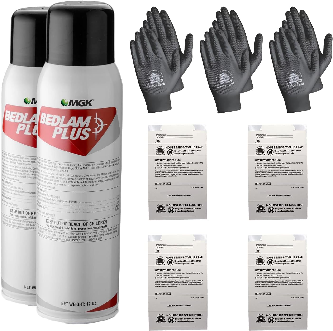 Bedlam Plus Aerosol Insecticide - Pack of Two + 3 Pairs of Gloves and 4 Glue Boards