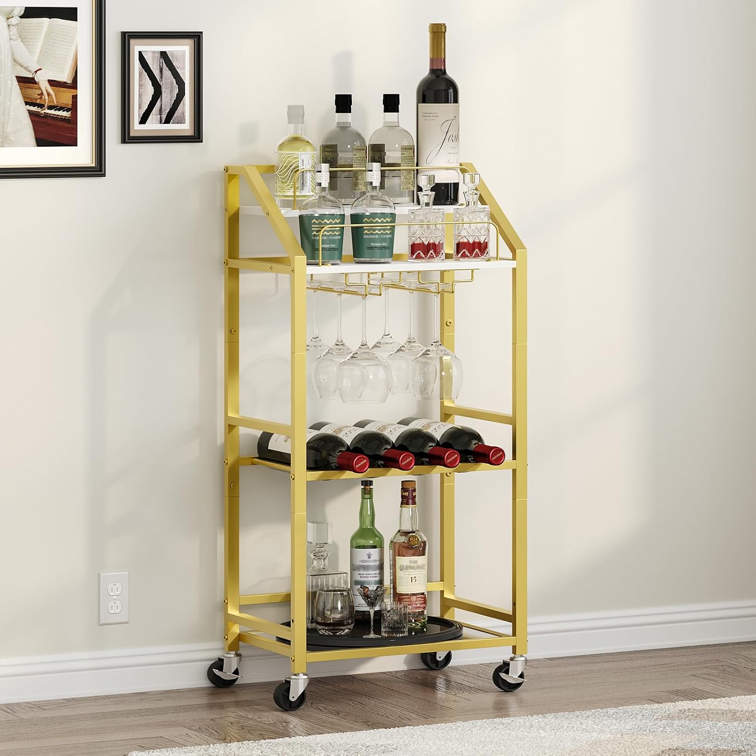 Bar Cart with Mirrored Shelf, Serving Cart for Home, Drink Cart with Wine Rack, Rolling Kitchen Cart with Wheels, Glass Holder, for Kitchen, Dining Room, Gold and White RCJW67M01