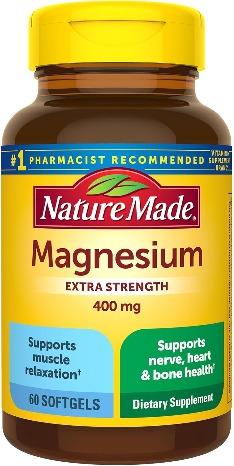 Nature Made Extra Strength Magnesium Oxide 400 mg, Magnesium Supplement for Muscle, Nerve, Bone and Heart Support, 60 Softgels, 60 Day Supply
