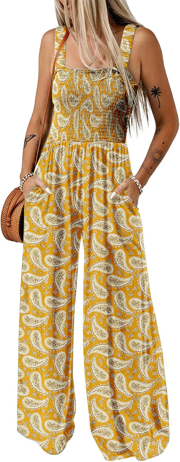 Dokotoo Women's Casual Loose Overalls Jumpsuits One Piece Sleeveless Printed Wide Leg Long Pant Rompers With Pockets