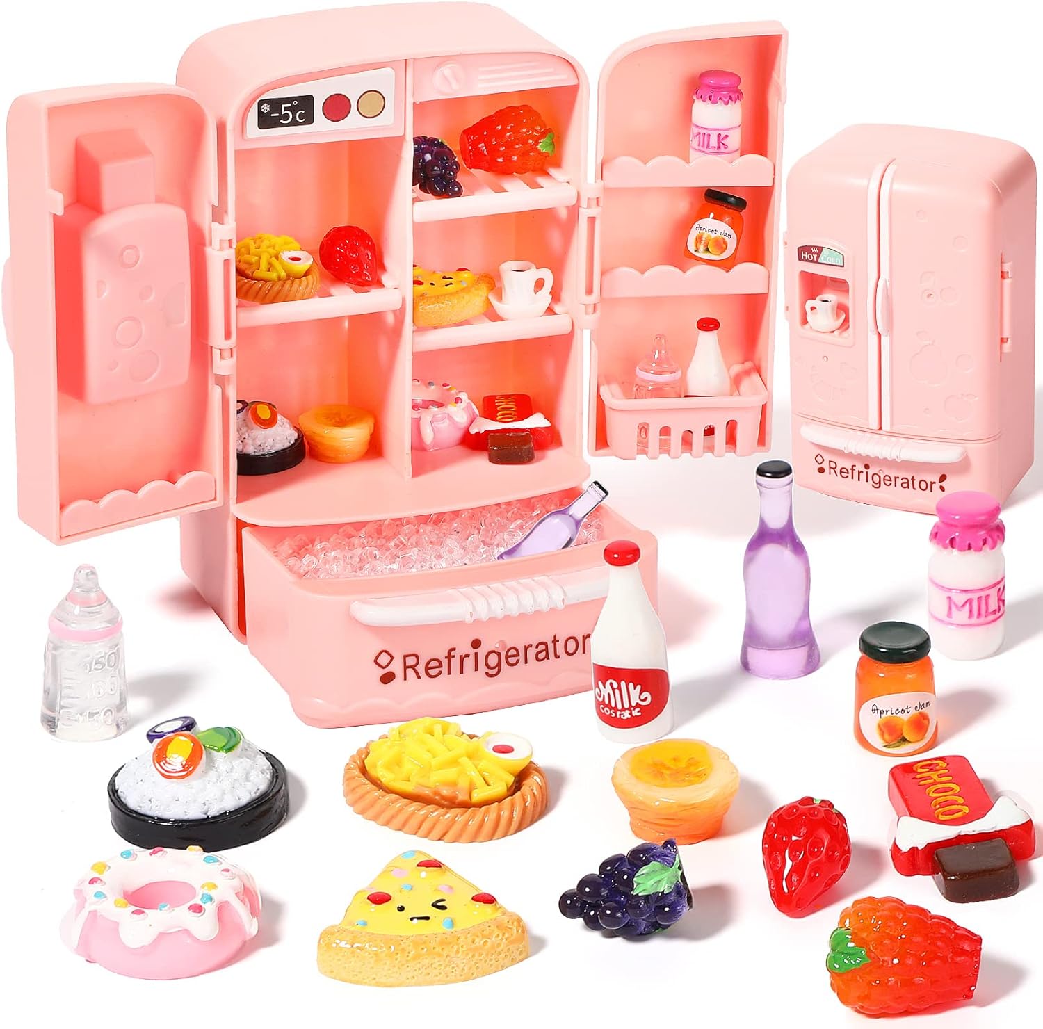 17 Pieces Dollhouse Refrigerator Mini Fridge Toy with Mini Food Set Dollhouse Kitchen Furniture Food Toys Miniatures Kitchen Decorations Bottles Fruit Dessert for Children Kids Girls (Lovely Style)