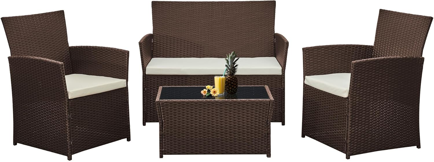 Aweather Rattan Garden Furniture Set Outdoor 4 Seater Patio Conversation Sets with Glass Top Coffee Table (Brown)