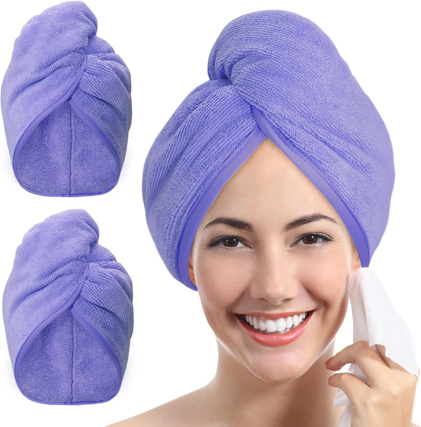YoulerTex Microfibre Hair Towel Wrap: 2Pack Hair Turban Super Absorbent Rapid Drying Microfiber Towel for Women Curly Long Wet Plopping Hair Girls Head Towelling Large Anti-Frizz (Lilac Purple)