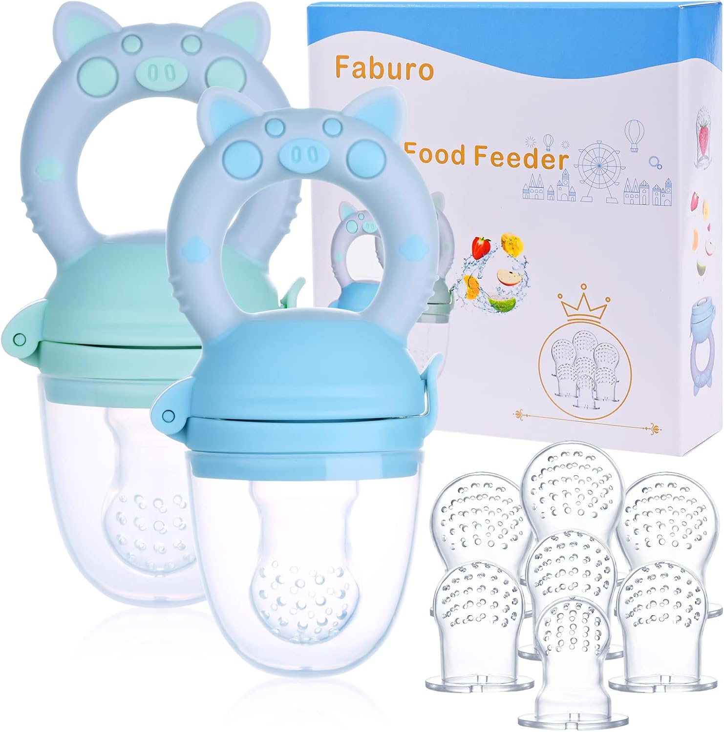 Faburo Baby Food Feeder Baby Fruit Feeder Pacifier Set Fresh Food Feeder: 2PCS Fruit Feeder Pacifier with 7 Silicone Sacs (3 Sizes- S, M, L)