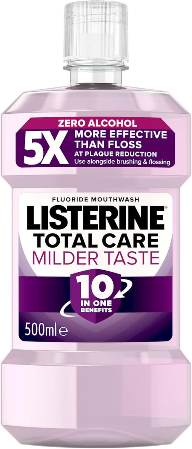 Listerine Total Care Milder Taste (Zero Alcohol) Antibacterial Mouthwash (500ml), Caring and Cleansing Mouthwash to Freshen Breath with 10-in-1 Benefits
