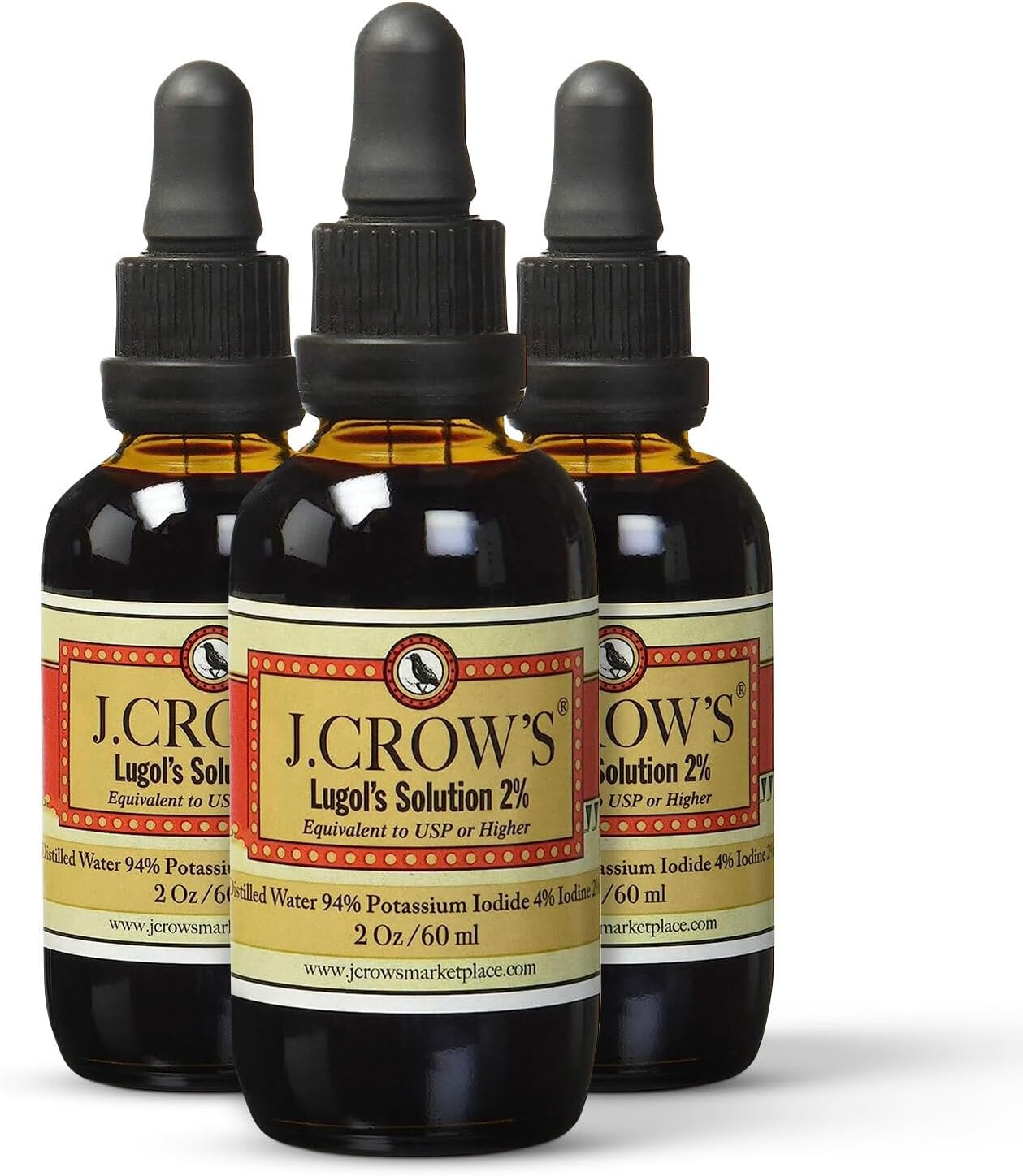 J.CROW'S® Lugol's Solution of Iodine 2% 2 oz (3 Bottles) – Premium Iodine & Potassium Iodide Liquid, Gluten &, Alcohol-Free Natural Brine Extract, No Expiration
