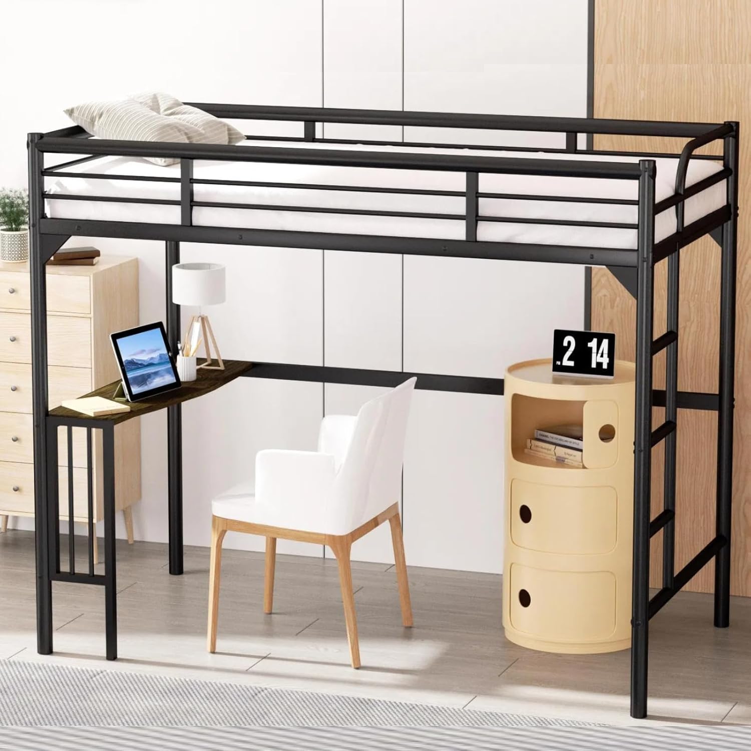 Petfu Loft Bed Twin Size with Desk, Metal Loft Bed Frame with Ladder and Safety Rails, Space-Saving, Noise Free, No Spring Box Needed, Black