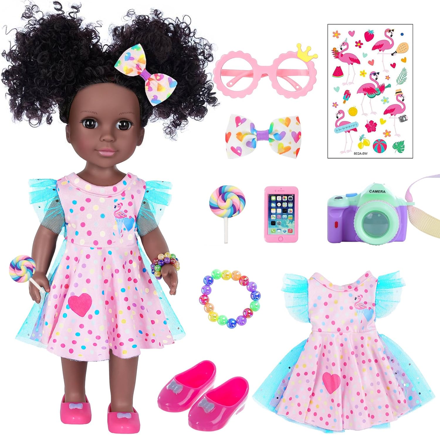 14.5 Inch Black Girl Doll with Pink Flamingo Theme Dress, Camera, Sunglasses & Accessories