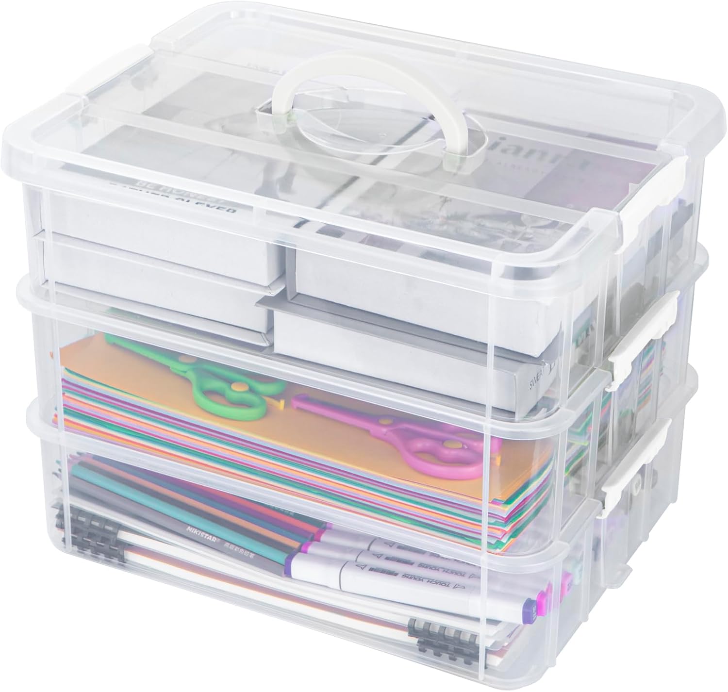Creahaus 3 Layer Plastic Stackable Storage Boxes with Lid & Carry Handle,Storage Containers Multipurpose Portable Clear Organizer Carry Box for Organizing Art Craft,Sewing, Bead, Tool (Whter
