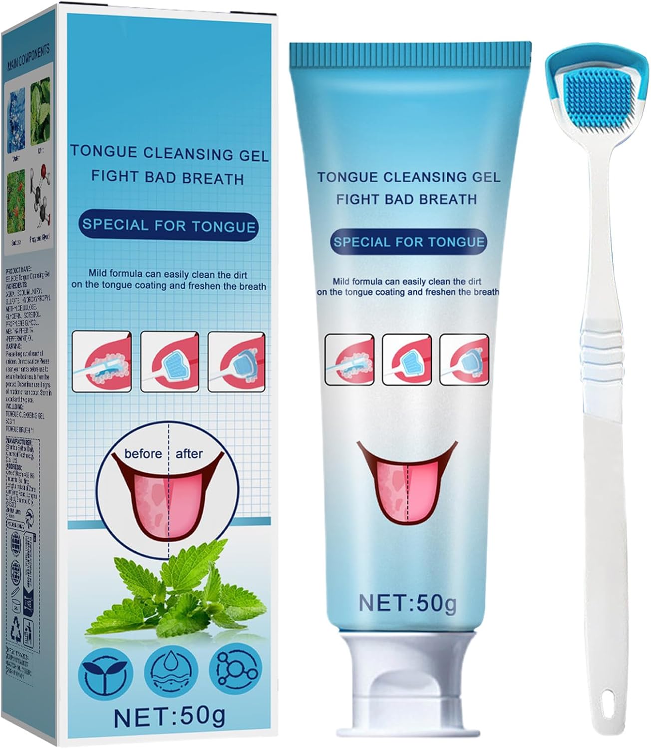 Fresh Mint Tongue Cleaner Gel Kit - Tongue Scraper & Brush for Maintaining Fresh Breath, Reducing Bad Breath - Oral Hygiene Tool