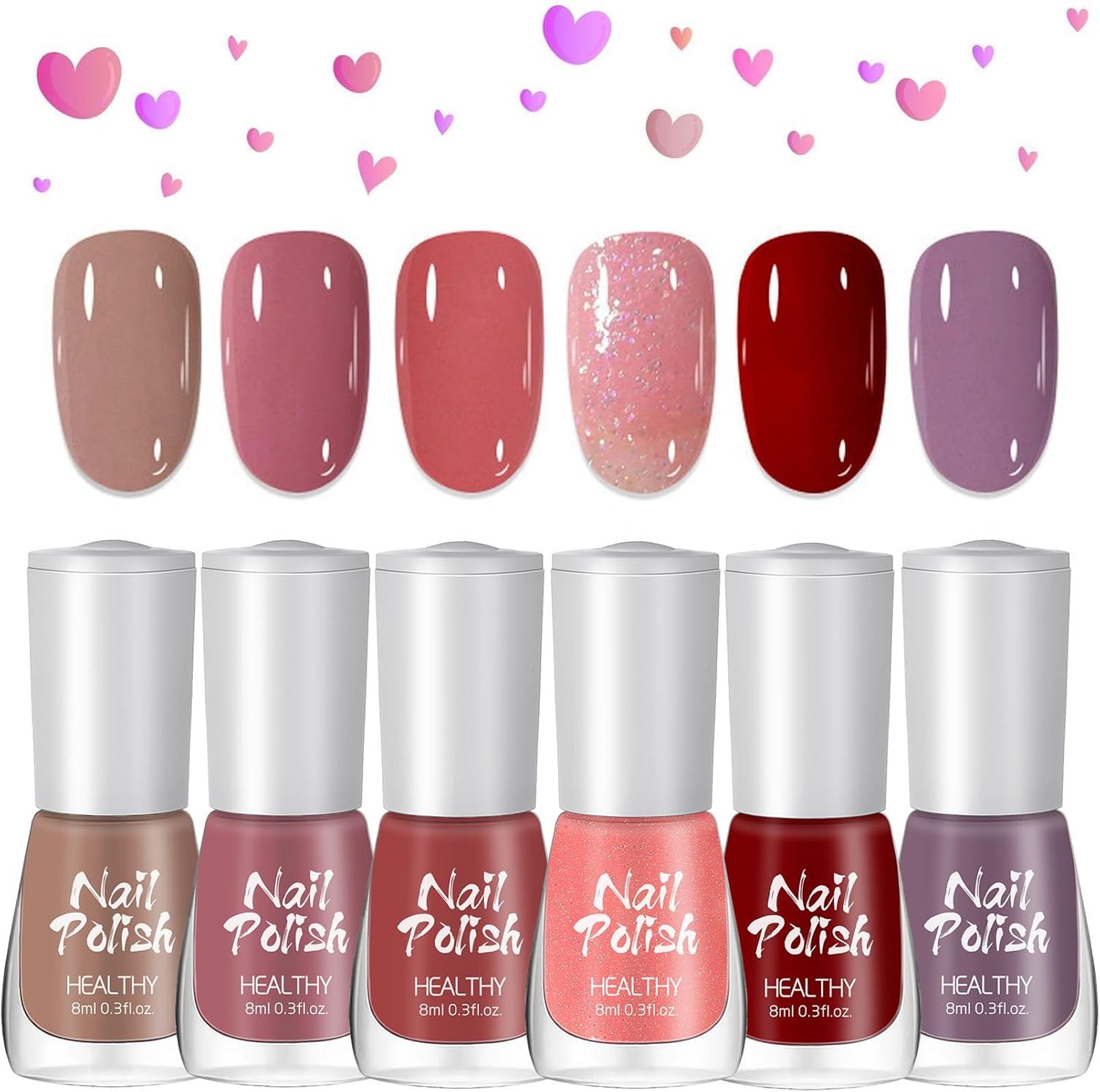 DMQ Nail Polish Set, 6Pcs Quick Dry & Long Lasting Nude Pink Red Nail Varnish - Non-Toxic Water Based Holographic Nail Polish Gel - No Need UV Nail Paint for DIY Nail Art Manicure at Home 8ML