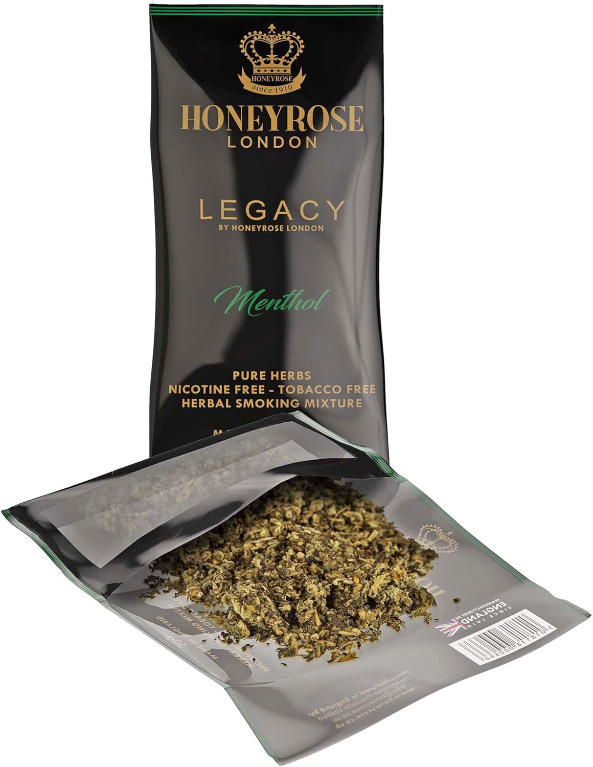Honeyrose Legacy Menthol Smoking Herbal Mixture Menthol Flavor with Honey, 50gr Pouch,100% Tobacco & Nicotine Free, 100% Natural Smokable Herbs, Quit Smoking, Made in England