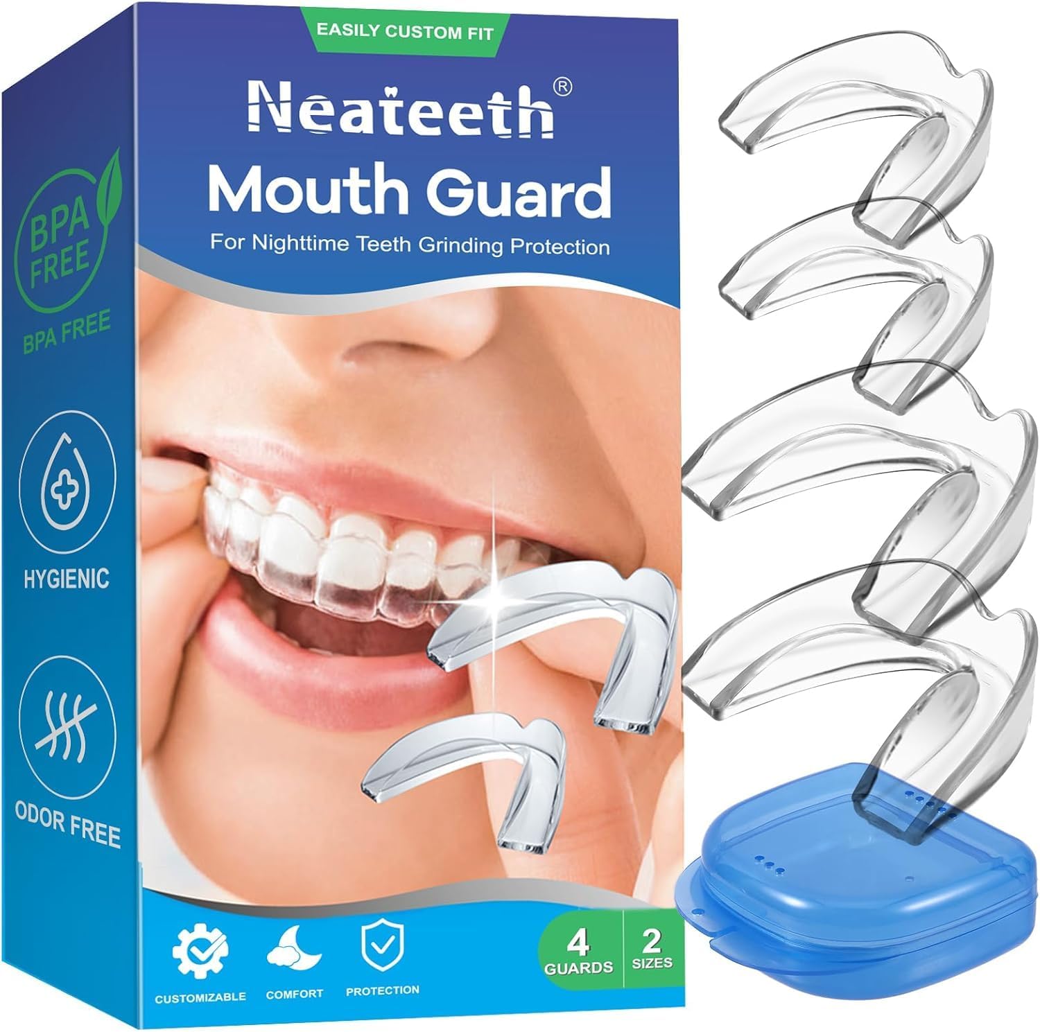 Mouth Guard for Teeth Grinding, Upgraded Night Guards for Sleeping, Pack of 4 Moldable Mouth Guard Stops Bruxism and Teeth Clenching 2 Sizes with a Travel Cases
