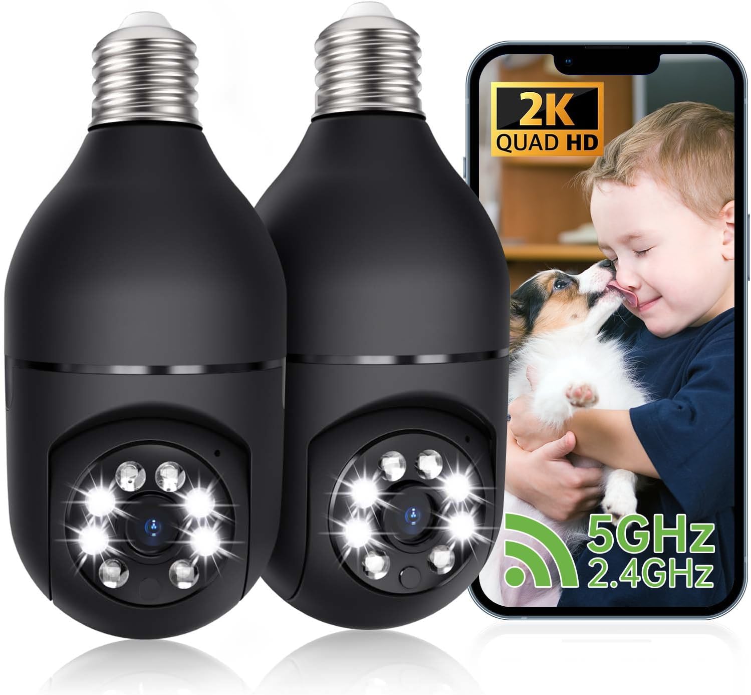 2K Light Bulb Security Camera, 2.4/5GHz Wi-Fi 6 Security Cameras Wireless Outdoor, 360° PTZ Cameras for Home Security with Color Night Vision, AI Human Detection, 2 Way Talk, Easy Installation, 2 Pack