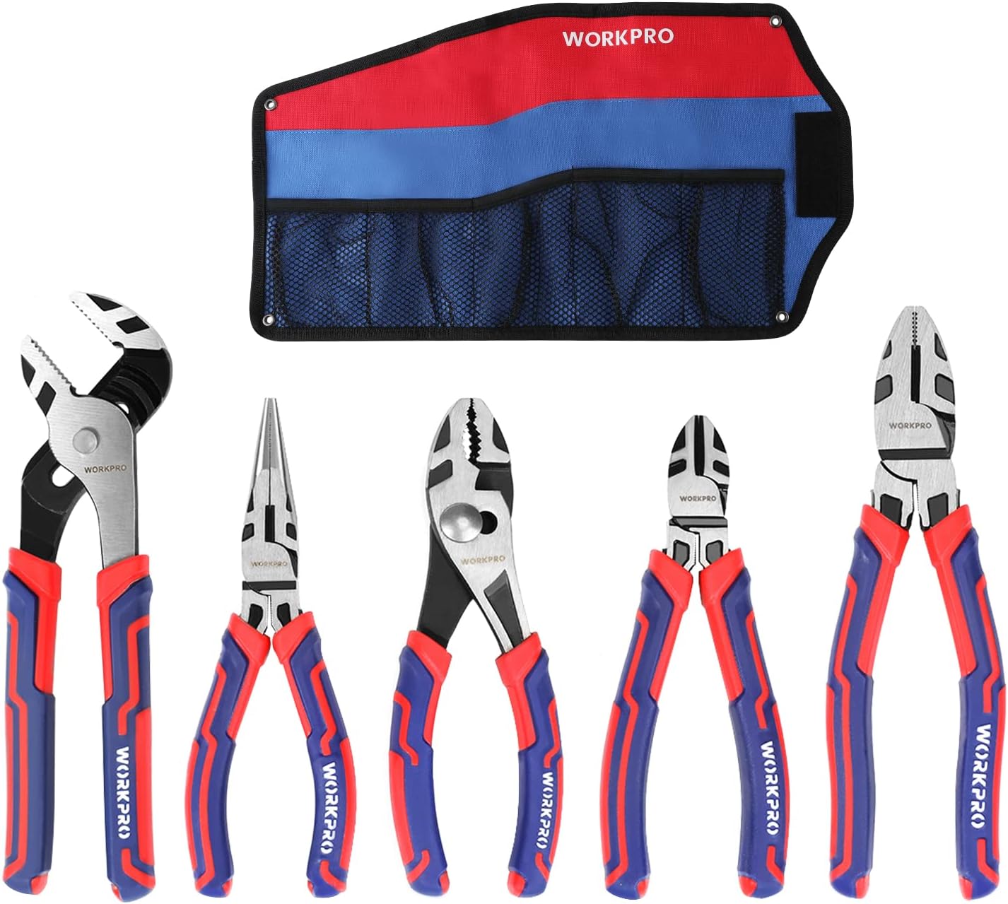 WORKPRO Pliers Set, Premium Cr-V Construction, Includes 6 Inch Slip Joint, Long Nose, Diagonal Cutting, 8 Inch Groove Joint, 7 Inch Linesman and Storage Pouch, for Basic Repair