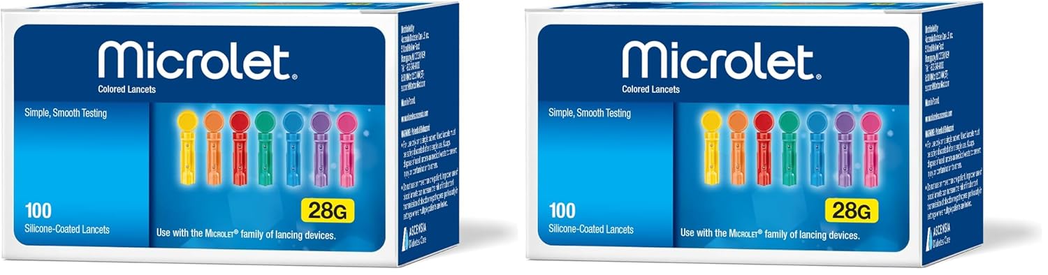 Ascensia MICROLET Lancets for Glucose Blood Testing 28-Gauge Silicone-Coated, Multi-Colored, Sterile, Single Use Lancets for Diabetes Blood Glucose Testing, 100 Count (Pack of 2)