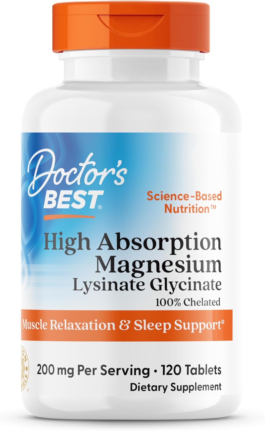 Doctor’s Best High Absorption Magnesium Glycinate Lysinate Supplement - 100% Chelated for Maximum Absorption - Magnesium for Sleep and Muscle Relaxation - 200 Mg Per Serving - 120 Tablets