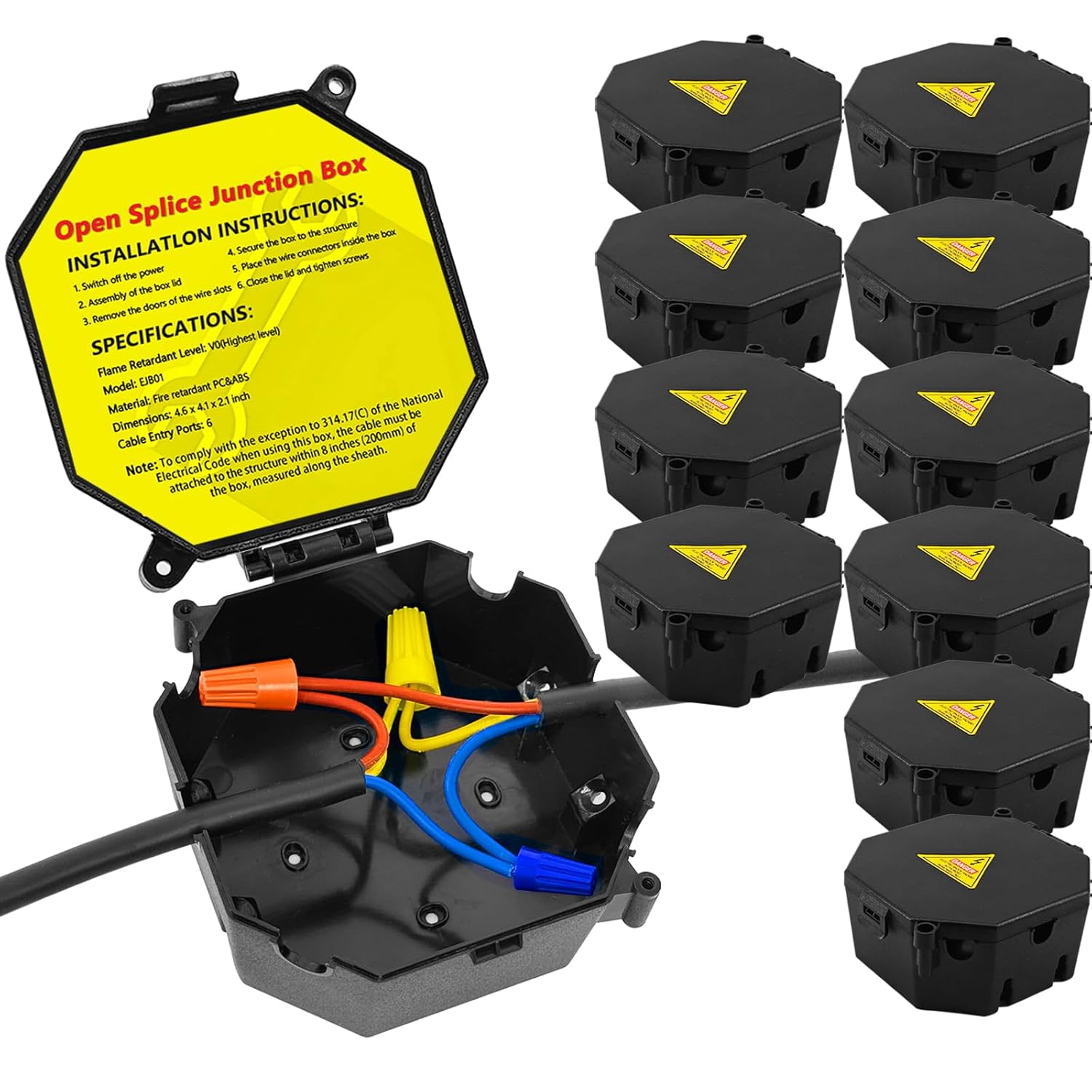 Black Open Splice Junction Box (10 Pack), Splice Box Wire Electrical Junction Box with Cover V0 Flame Retardant Rating(Highest Level)
