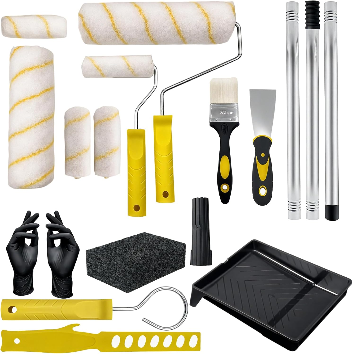 19PCS Paint Roller Set with Extension Pole, Home Decorating Kit, Paint Rollers and Tray Set with Paint Brushes, Roller Sets for Painting Walls, Ceilings, Doors