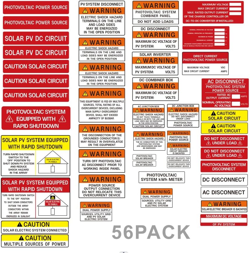 56 Pack PV Solar System Install Label Kit, Joyfulmap Photovoltaic Safety Labels,Photovoltaic Power Source Labels, Solar PV Safety Warning Pack