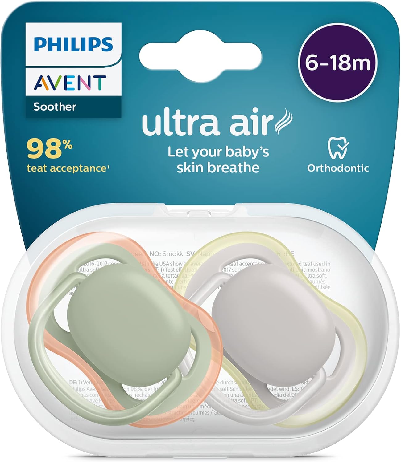 Philips Avent Ultra Air Soother 2 Pack - BPA-Free Soother for Babies Aged 6-18 Months (Model SCF085/20) Khaki/Orange