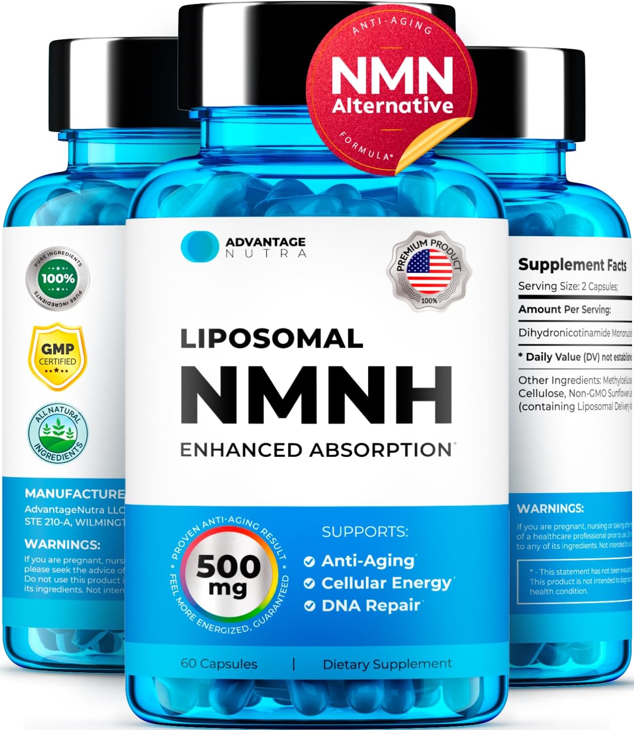 NMN Supplement Alternative - NMNH (Dihydronicotinamide Mononucleotide) 500mg Per Serving, 60 Count (30 Servings) NAD Supplement to Boost NAD+ Levels