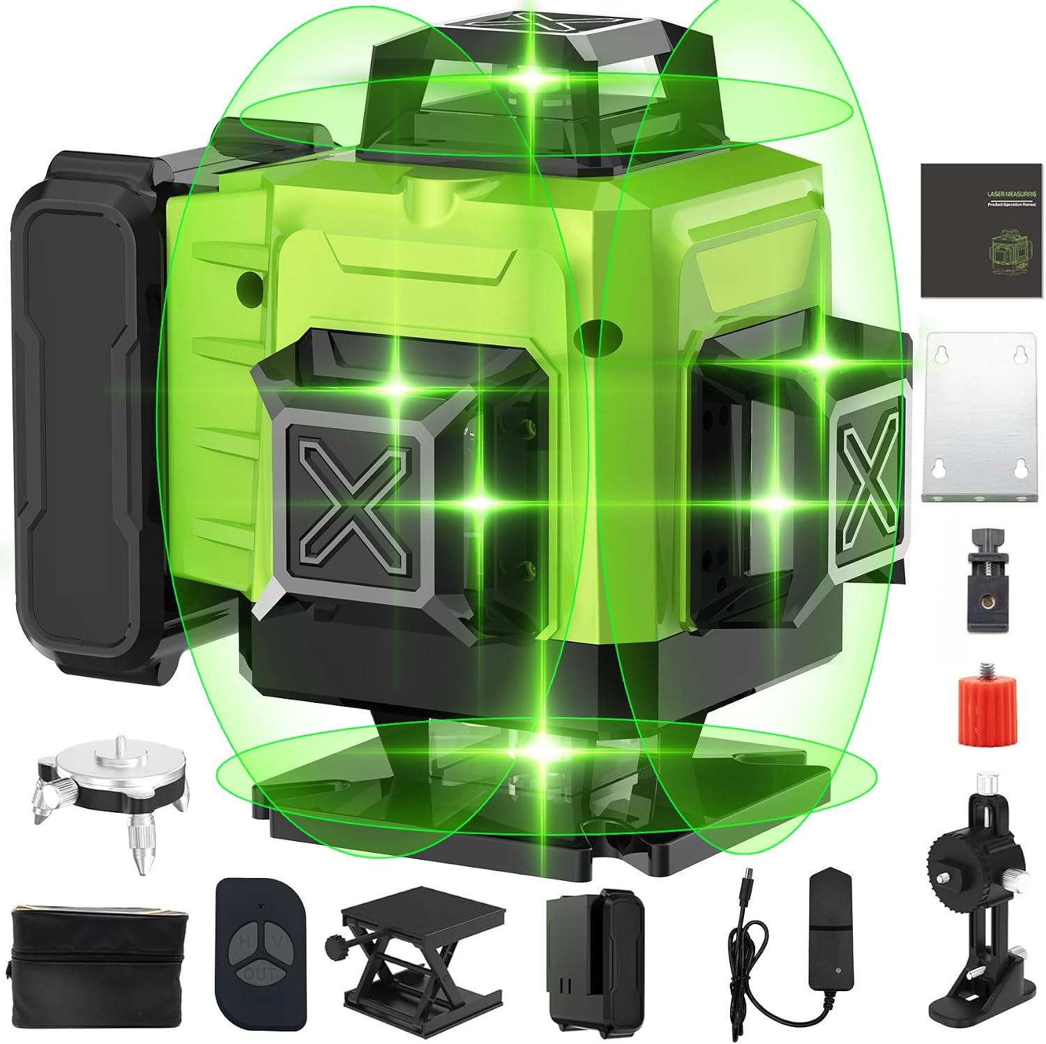 Laser Level, 4 x 360° 16 Lines Green Laser Level Self Leveling, Horizontal & Vertical Cross Line Laser Spirit Level for Indoor Outdoor, with 1 x 4800mAh Battery, Remote Controller, Charger and so on