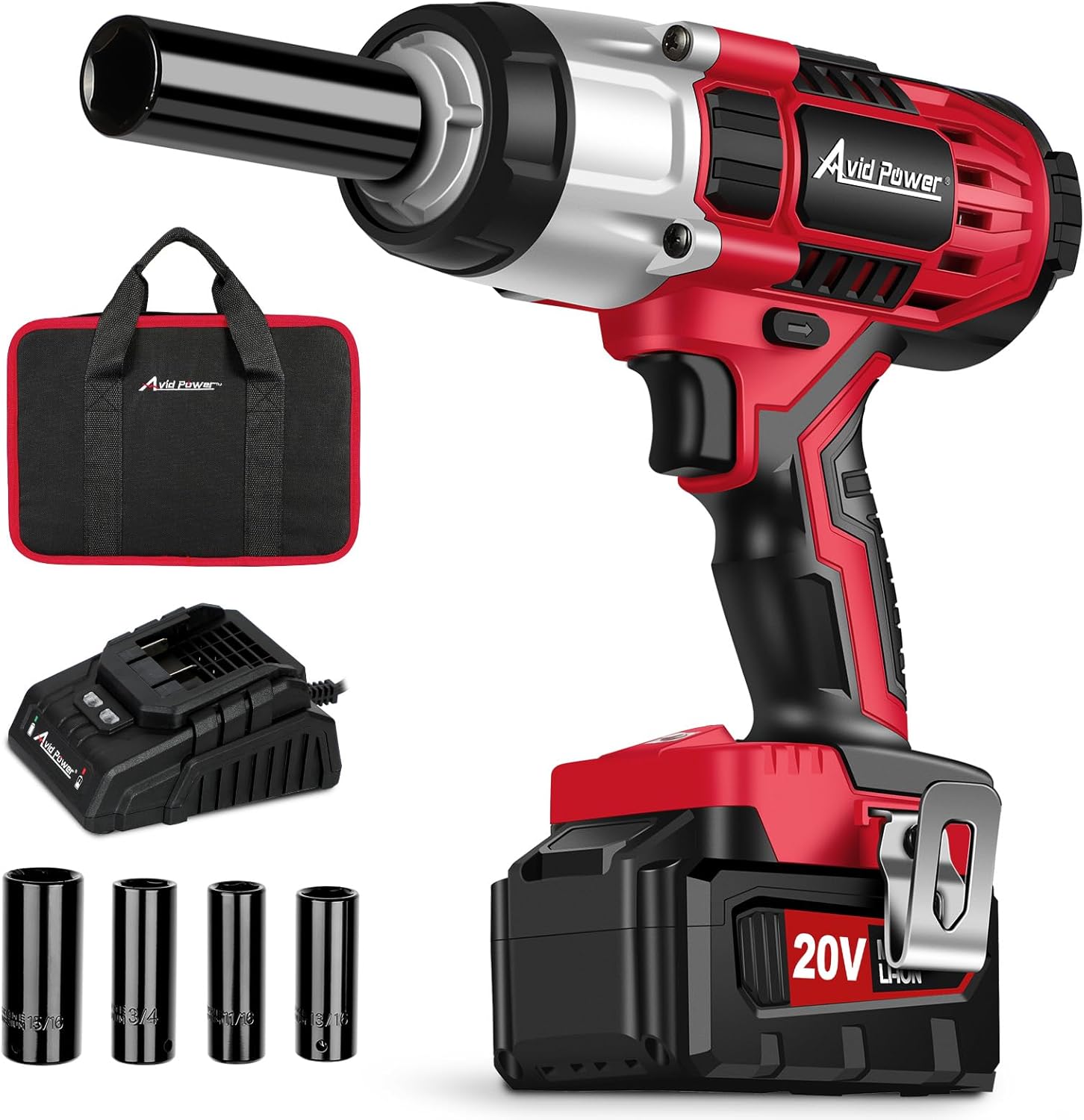 Avid Power 1/2" Impact Wrench, 330 ft lbs Max Torque, 3.0Ah Li-ion Battery, 4 Impact Sockets (Light Red)