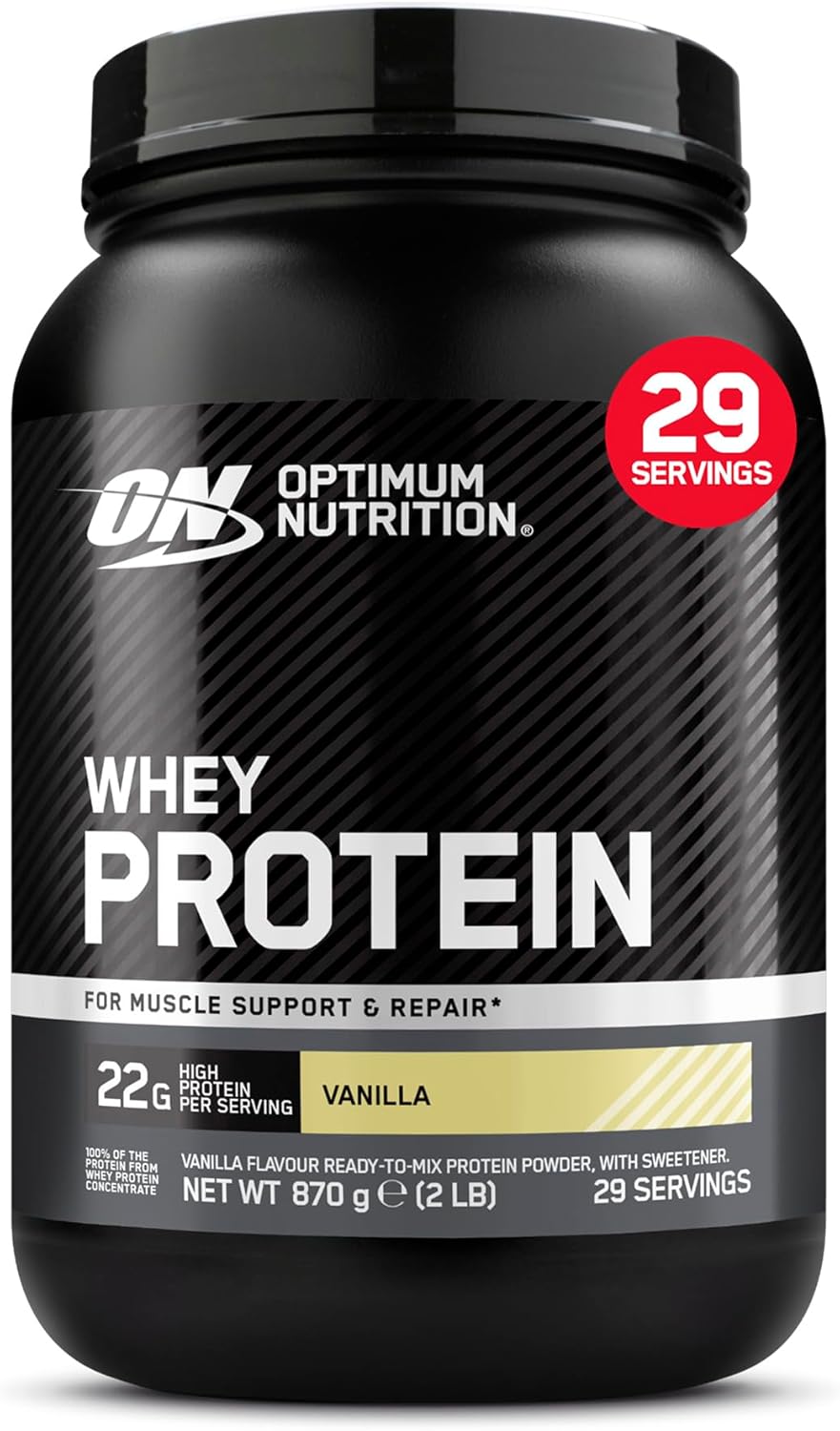 Optimum Nutrition Whey Protein Powder, Smooth Vanilla Flavour, 22 g High Protein Per Serving, Ready-to-Mix Whey Concentrate with Sweetener, Muscle Support and Repair, 870 g, 29 Servings