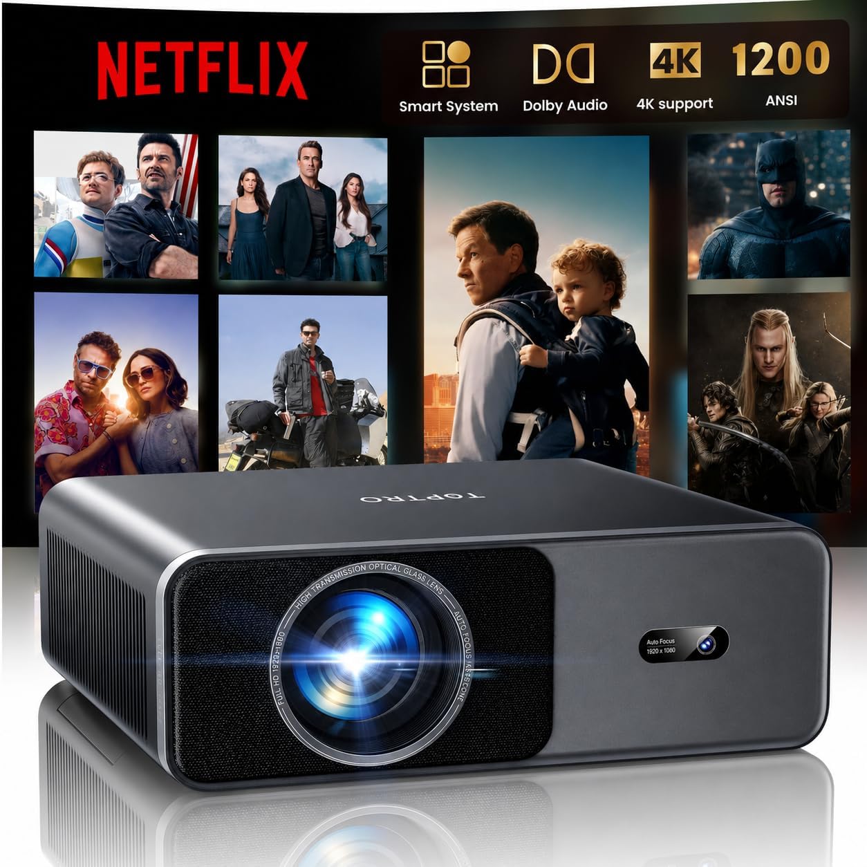 Projector 4K, 1200ANSI Home Cinema Projectors Built in APP, 20W Dolby Audio, TOPTRO FHD 1080P Portable Smart Projector with Auto Focus/Keystone, WiFi 6 Bluetooth Low noise Video Projector for Bedroom