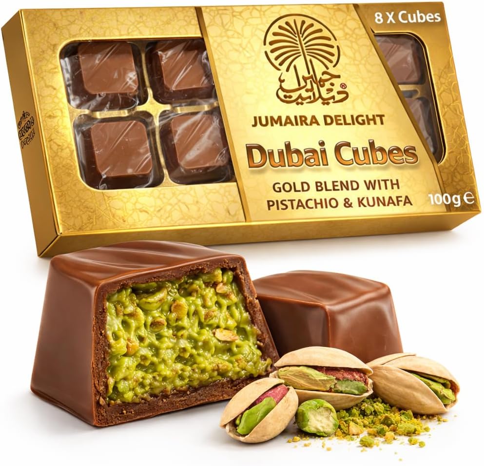 Dubai Chocolate Cubes Box (8 Cubes in a Box) Jumaira Delight Kunafa with Pistachio Cream Filling – Luxurious Dubai Chocolate Cubes– Best Gifts for Kids, Family & Friend (Pack of 1)