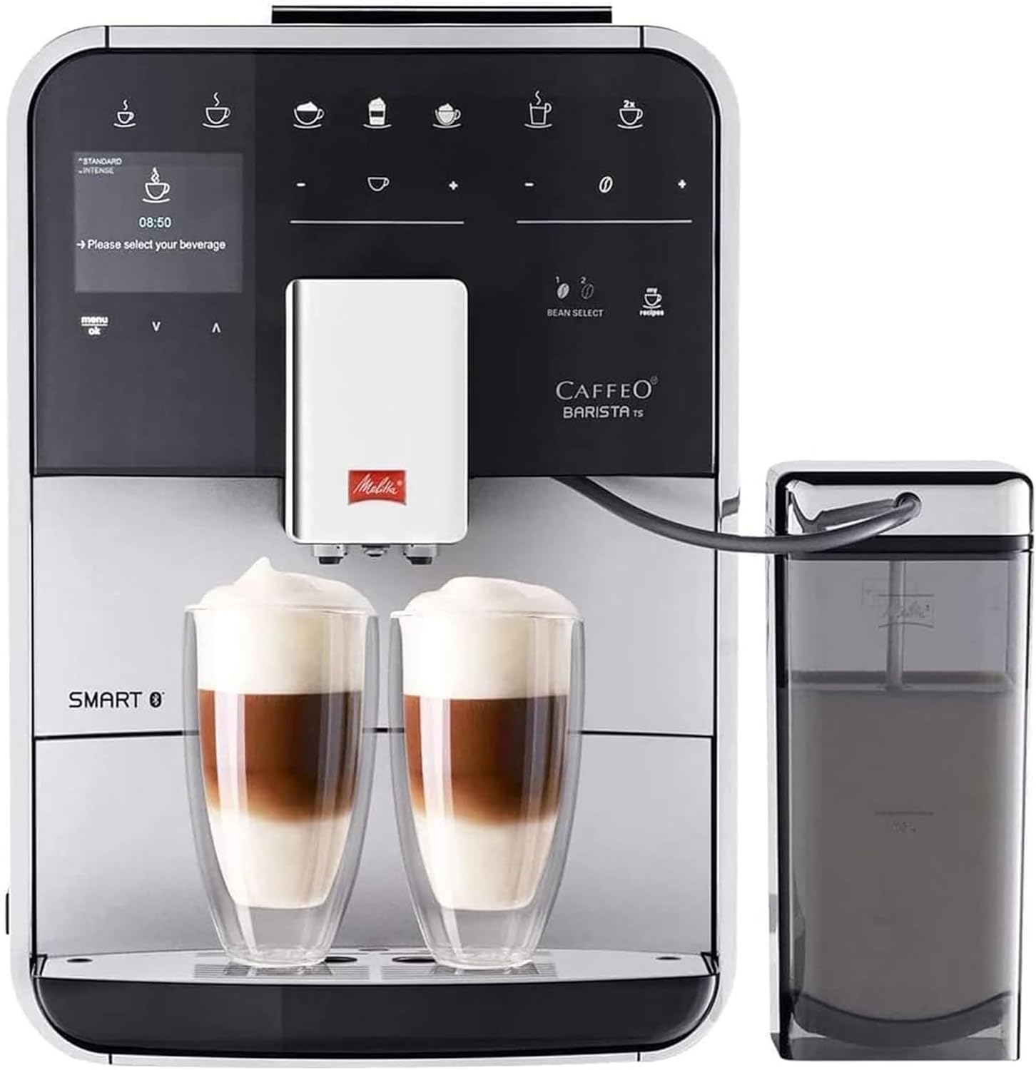 Melitta Integrated Bean to Cup Coffee Machine, TS SMART Model F85/0-101, Bluetooth connectivity, Melitta Connect App, Whisper Grinder (Quiet Mark), Silver