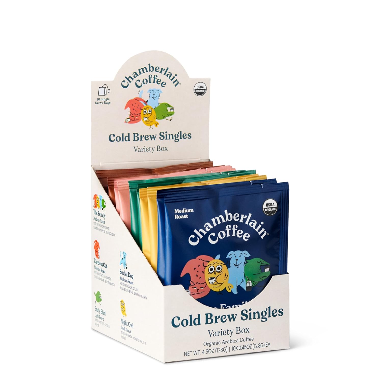 Chamberlain Coffee Variety Box Single Serve Bags - Includes 5 Blends, Original Family, Early Bird, Night Owl, Careless Cat and Social Dog Blends - 10 Single Serve Cold Brew Sachets