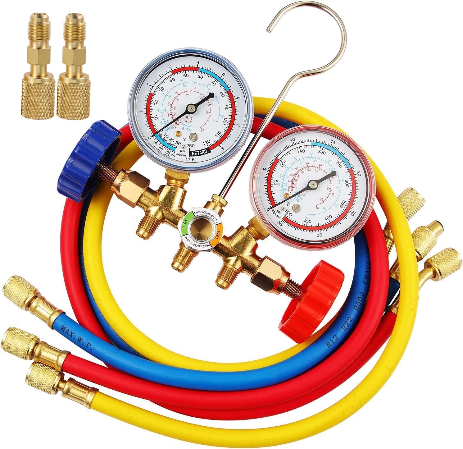 R410A Manifold Gauge Set, 3 Way AC Diagnostic Manifold Gauge Set for R410a R22 R134a R404a Refrigerant,Automotive AC Manifold R410a Adapters,with 3ft Hoses