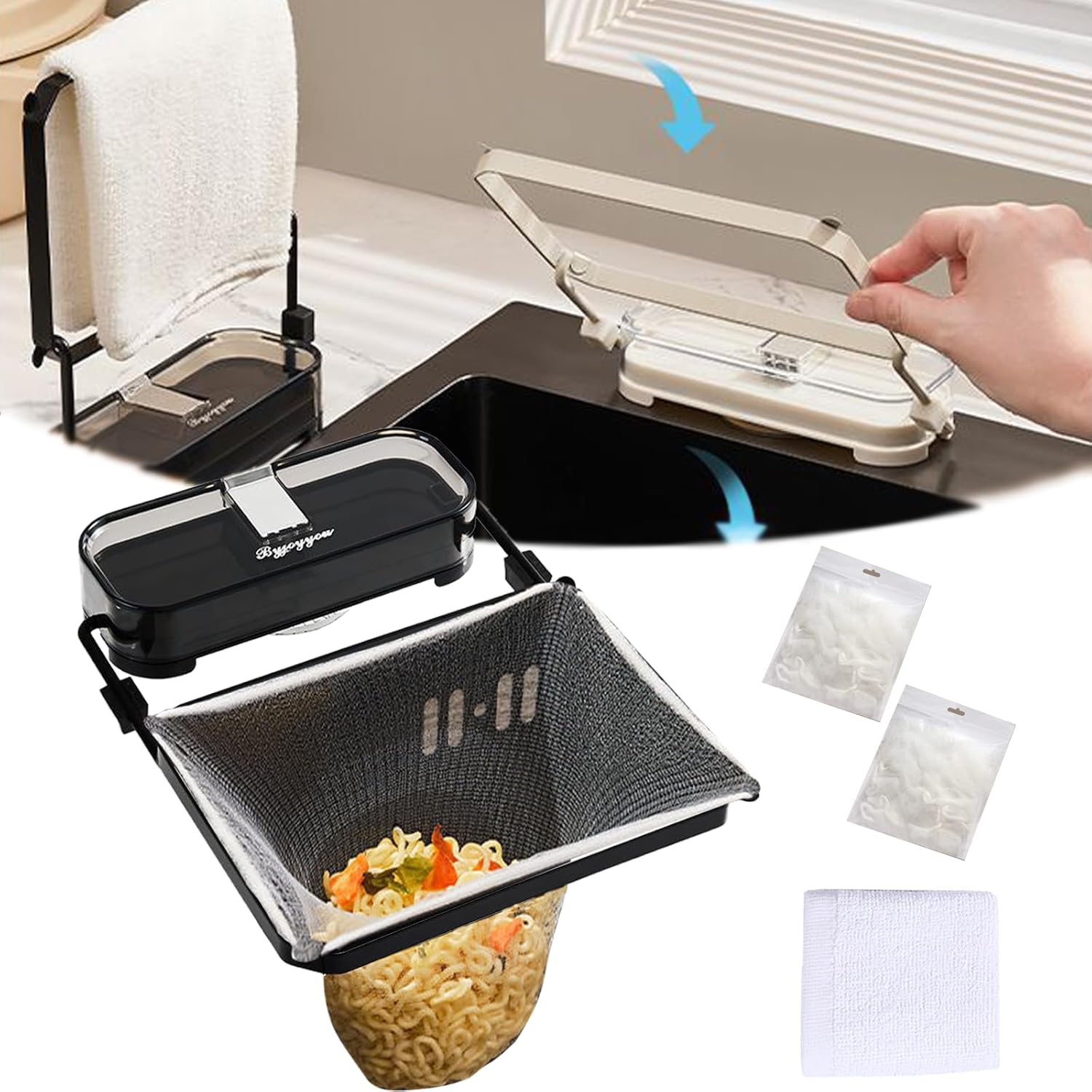 Suction Cup Sink Strainer, Kitchen Sink Strainer, Kitchen Sink Strainer Basket, Corner Sink Strainer Kitchen Drain Sink Filter Rack Disposal Food Waste with 100 Filter Mesh Bags (Black)