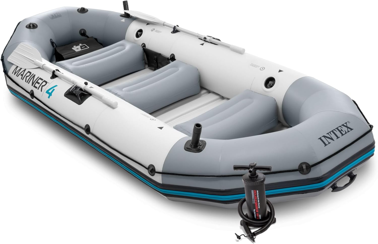 INTEX 68376EP Mariner 4 Inflatable Boat Set: Includes Deluxe 54in Boat Oars and High-Output Pump – Wear-Resistant Keel – Removable Fishing Rod Holders – 4-Person – 1100lb Weight Capacity