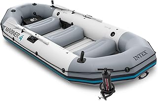 INTEX 68376EP Mariner 4 Inflatable Boat Set: Includes Deluxe 54in Boat Oars and High-Output Pump – Wear-Resistant Keel – Removable Fishing Rod Holders – 4-Person – 1100lb Weight Capacity