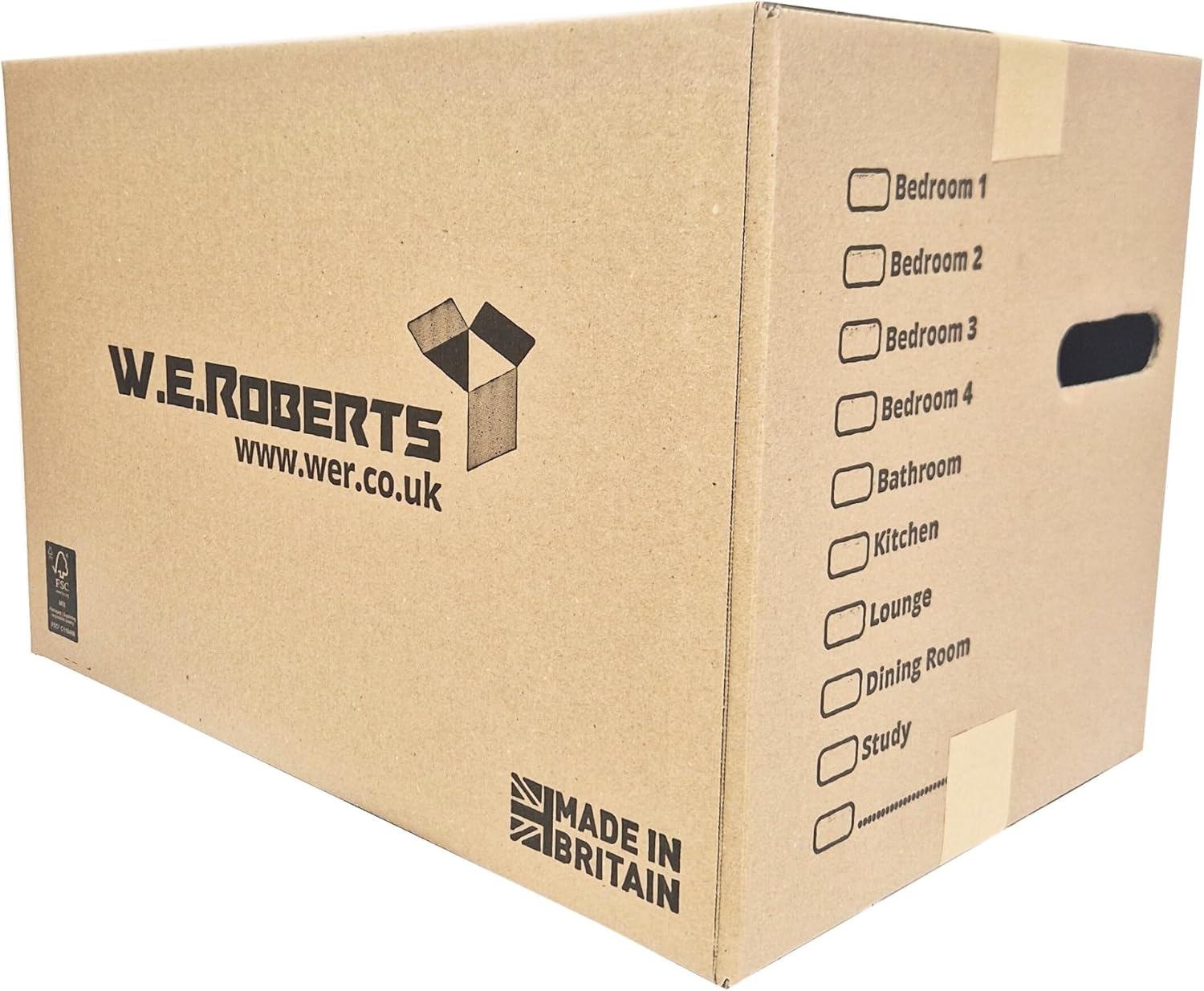 10 Strong Large Cardboard Storage Packing Moving House Boxes with Carry Handles and Room List – Ideal for Storage, Moving, and Packing 18" x 11" x 11" internal. Made in the UK