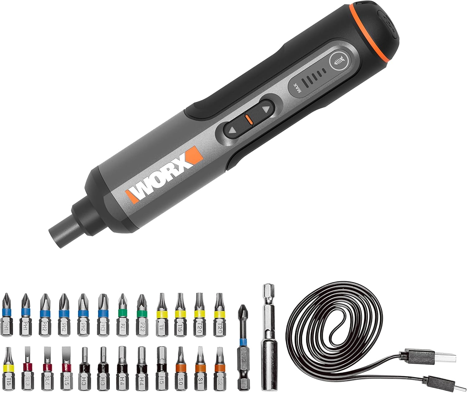 WORX WX240 3.6V (4V MAX) Mini Electric Screwdriver with 3-Gear Torque, 5Nm Power, 24pc Screwdriver Bits, LED Light - Lightweight, Cordless, USB C Charging, Ideal for Assembly & Repair Projects