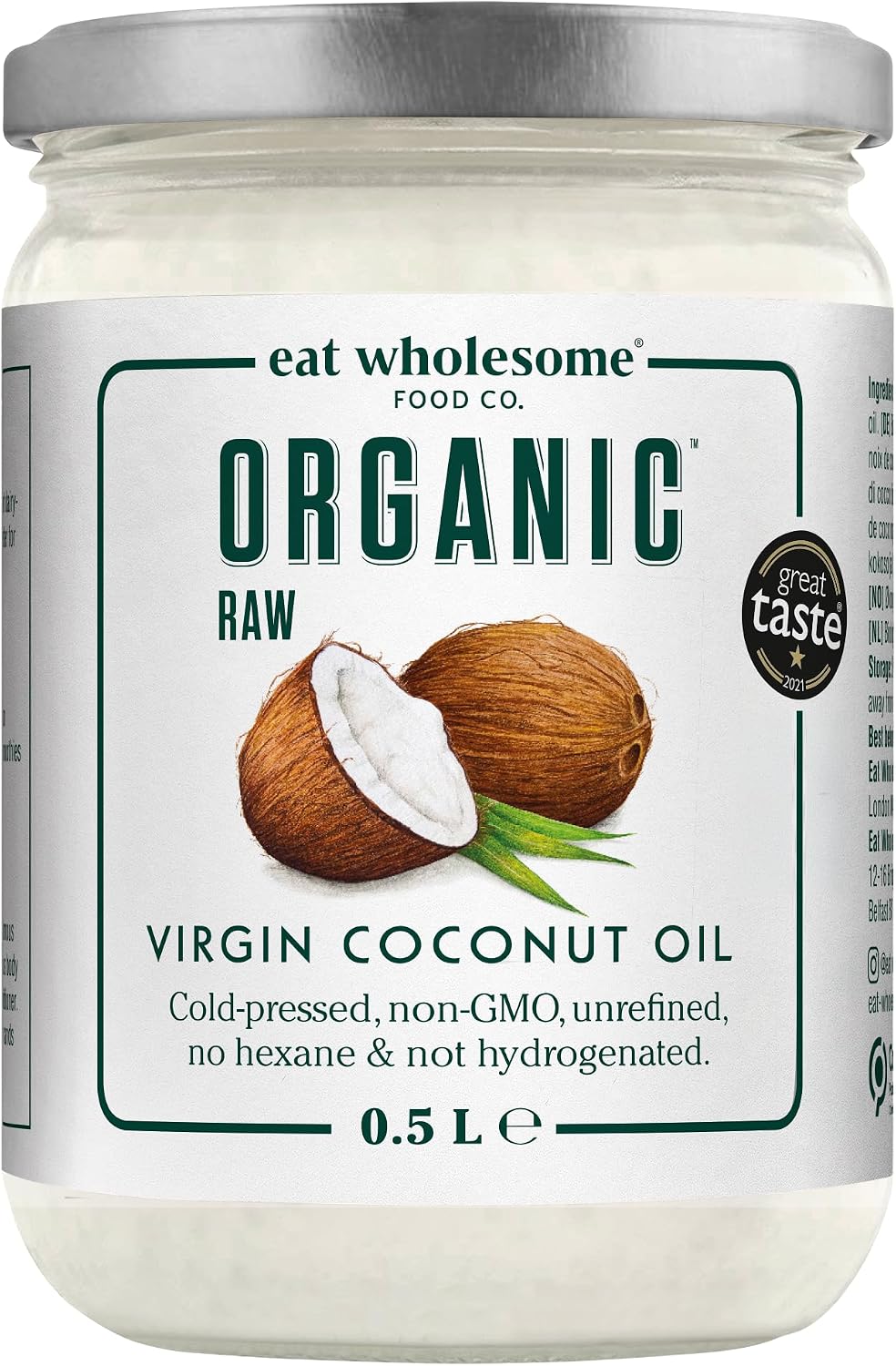 Eat Wholesome Organic Virgin Coconut Oil, 500ml - Raw, Cold Pressed, Award-Winning, Glass Jar in Box, For Cooking, Baking, Skincare & Hair, Vegan