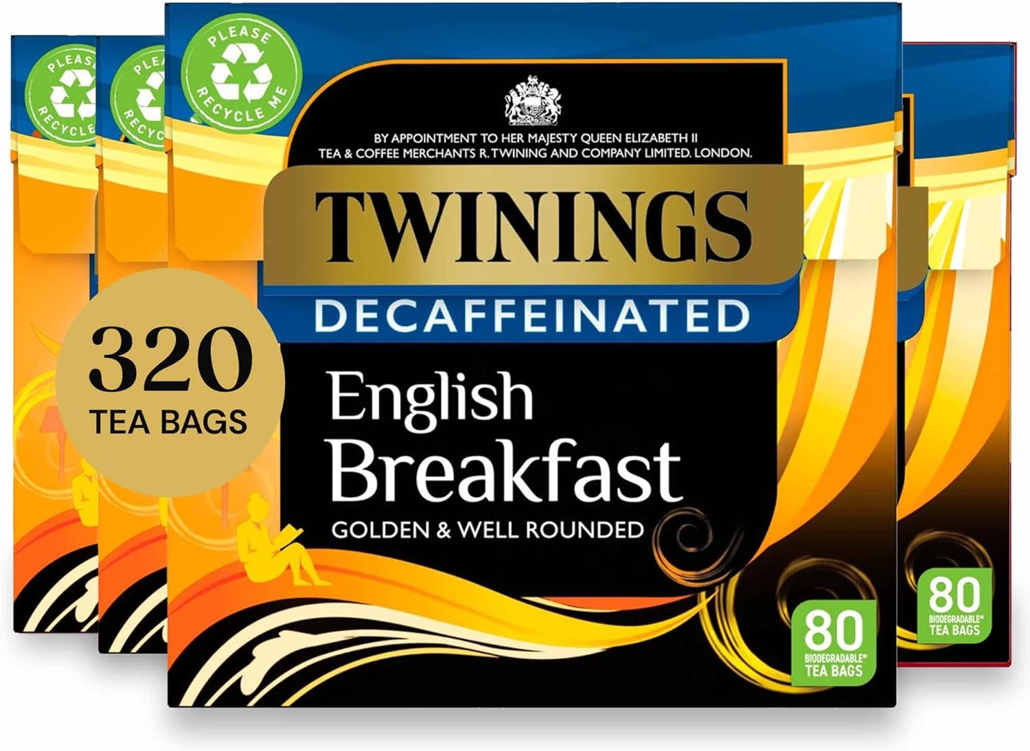 Twinings English Breakfast Decaf Tea | Golden, Well Rounded & Full Bodied Decaffeinated Black Tea | Multipack Bulk Buy, 320 (4 x 80) Biodegradable Tea Bags