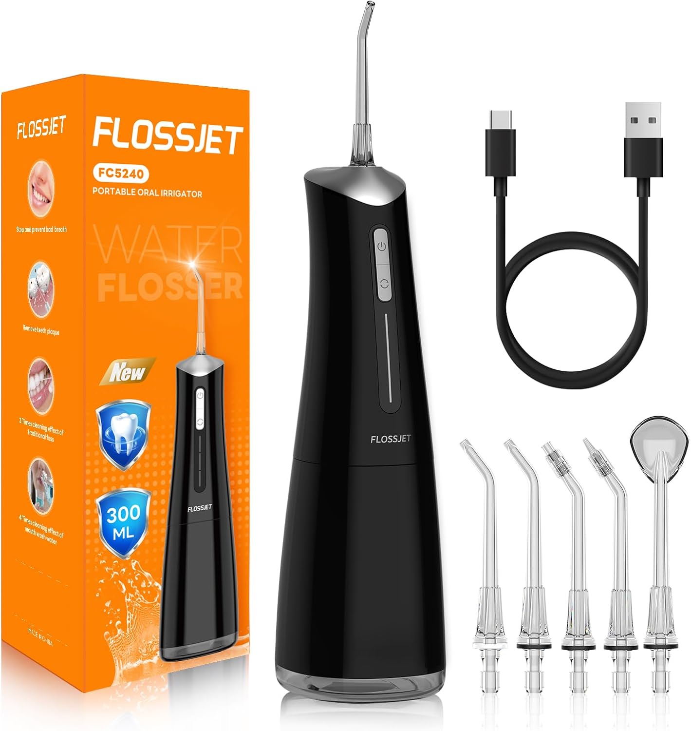 FlossJet Water Dental Flosser for Teeth Cordless with 300ML 4 Cleaning Modes 5 Jet Tips Portable Oral Irrigator USB-Powered Electric Flosser IPX7 Waterproof Irrigator Dental for Home and Travel Black